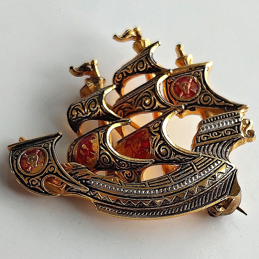Vintage Gold and Black Ship Brooch